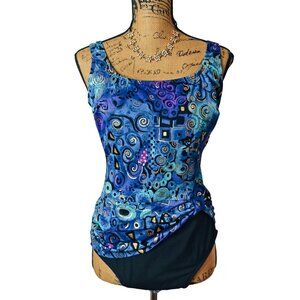 Inches Away Womens One-Piece Swimsuit 16 Blue Black Gold Tummy Control Pool